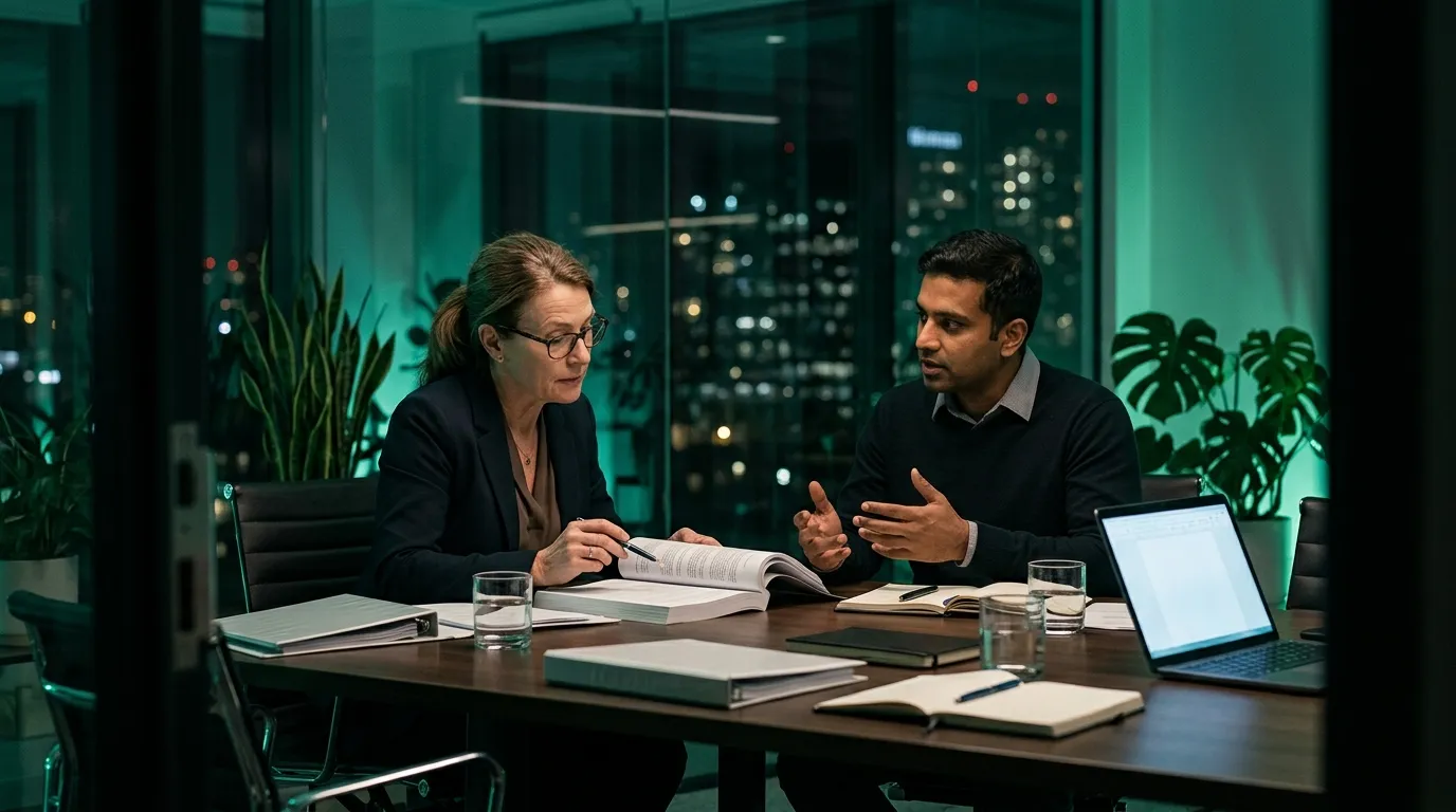 A compliance officer and a researcher discussing a thick printed document in a glass meeting room at night, binders and a laptop on the table