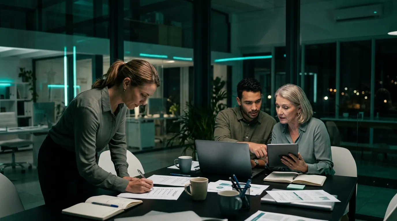 Three people at a night-time meeting table, one ticking a printed checklist while two compare numbers on a laptop and a tablet.