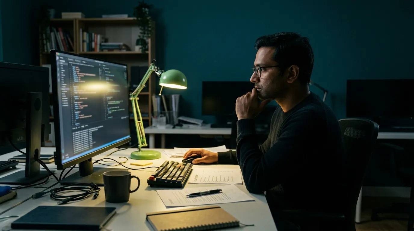 A data engineer in a dim teal office reads lines of code on a monitor under a green desk lamp, papers beside the keyboard.