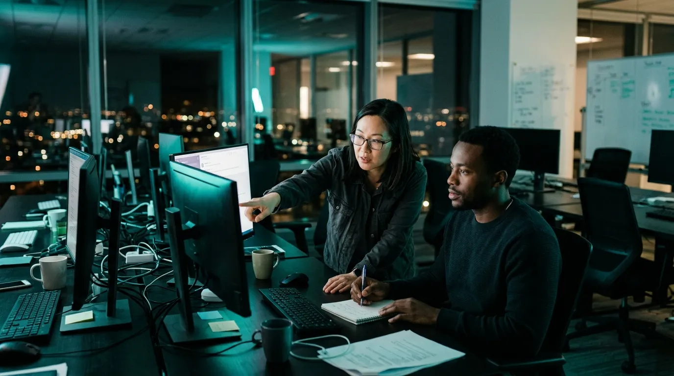 Two engineers at night in a dark office lit by teal monitors, one pointing at a screen while the other takes notes.