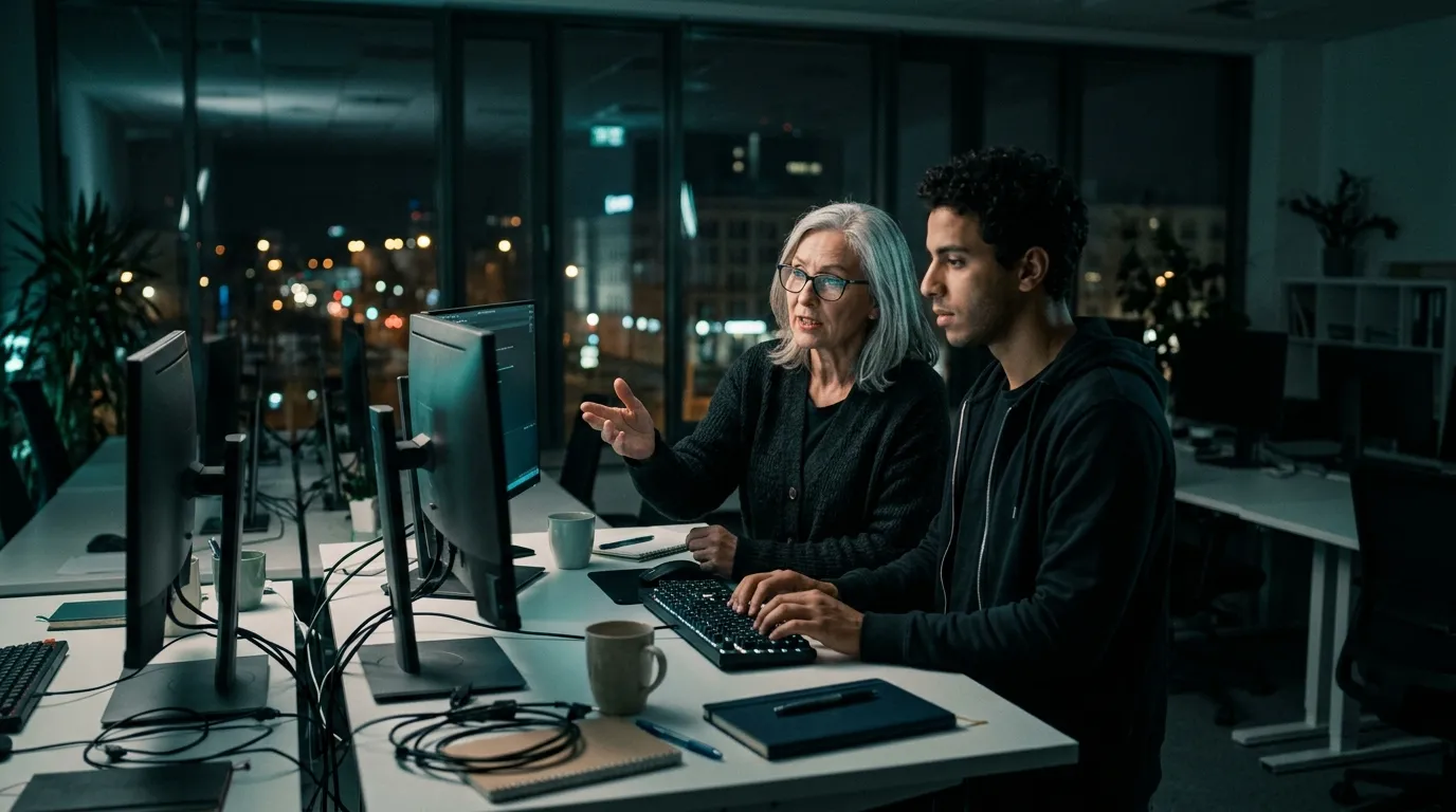Two developers pair programming at night, an older woman explaining while a young man types, monitors full of code