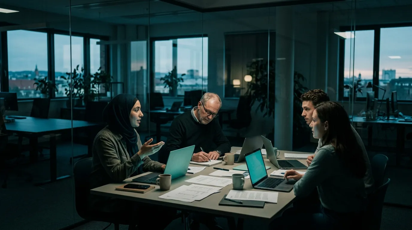 A data team of four around a meeting-room table with laptops at dusk, sorting and labelling samples of text data