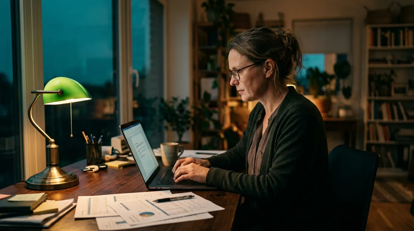 A machine learning lead filling in a documentation template on a laptop at a wooden desk at dusk, printed tables beside her