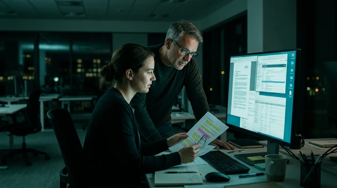 Two reviewers, an older man and a younger woman, comparing a printed checklist with highlighted passages on a monitor in a dark office