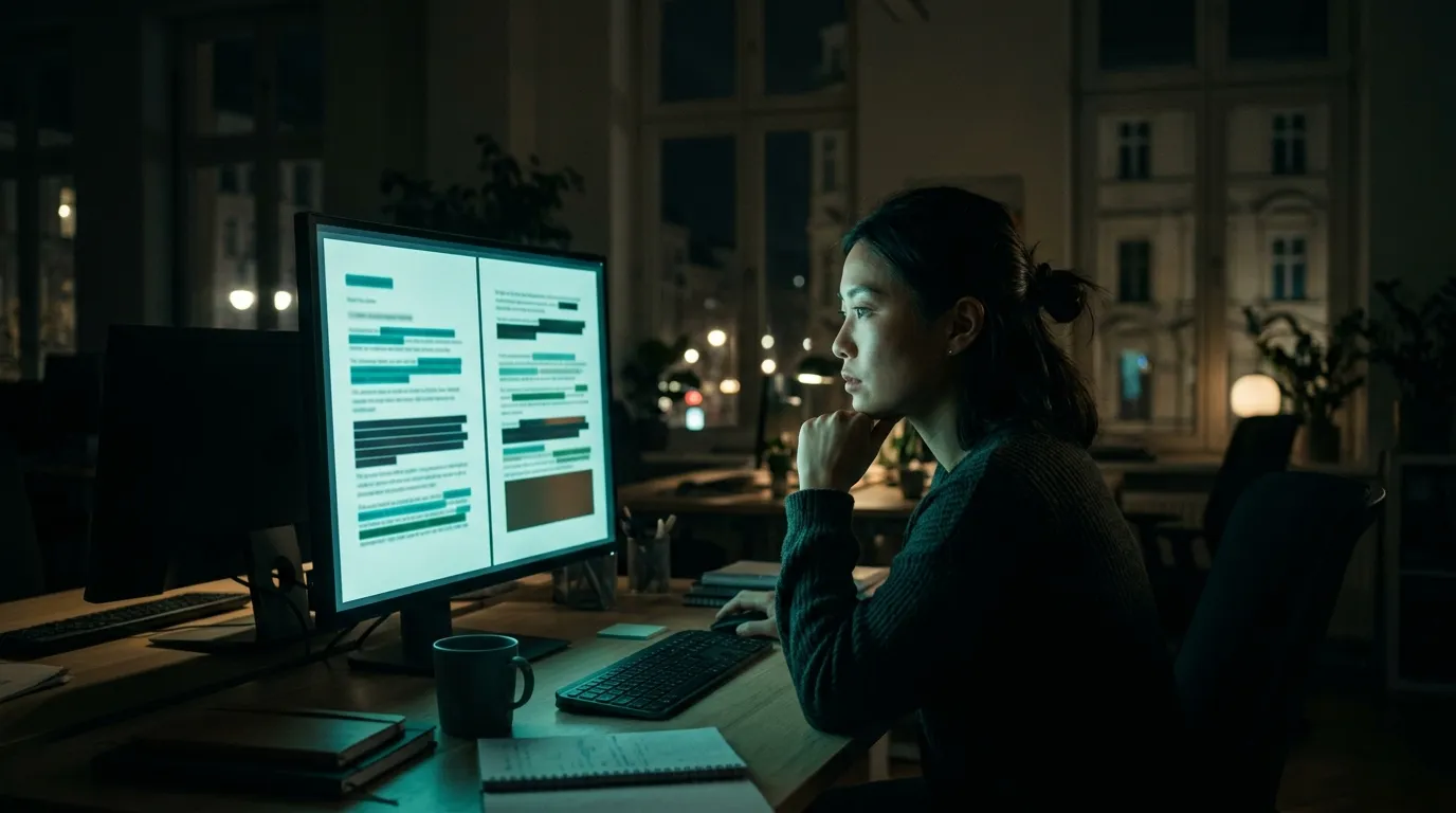 A privacy engineer examining highlighted text segments on a large monitor in a dark office at night