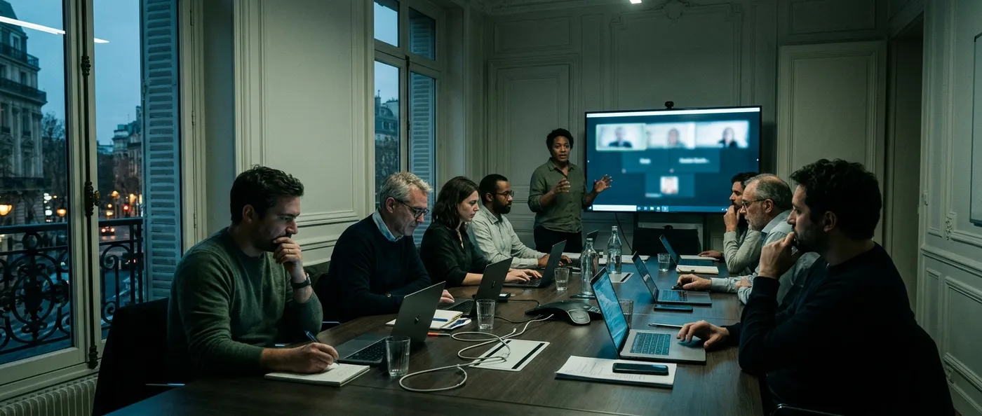 A team of eight around a long conference table at dusk, one person presenting and colleagues joining on a video call screen