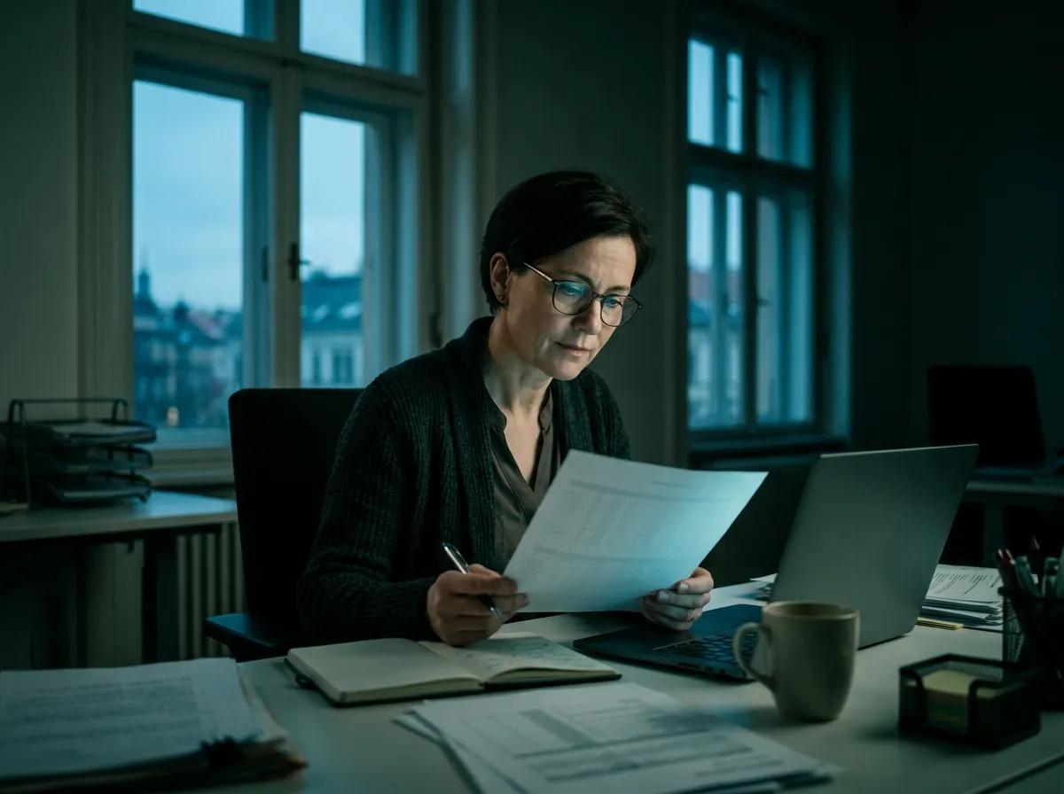 A privacy lead with reading glasses reviewing a printed datasheet with a pen, a laptop open beside her