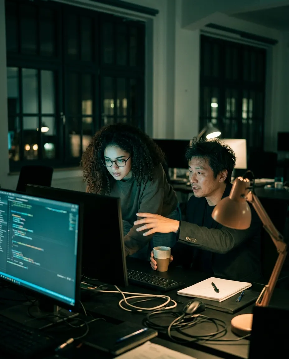 Two software engineers reviewing code together late at night, one leaning toward the monitor, the other pointing at a line with a coffee cup in hand
