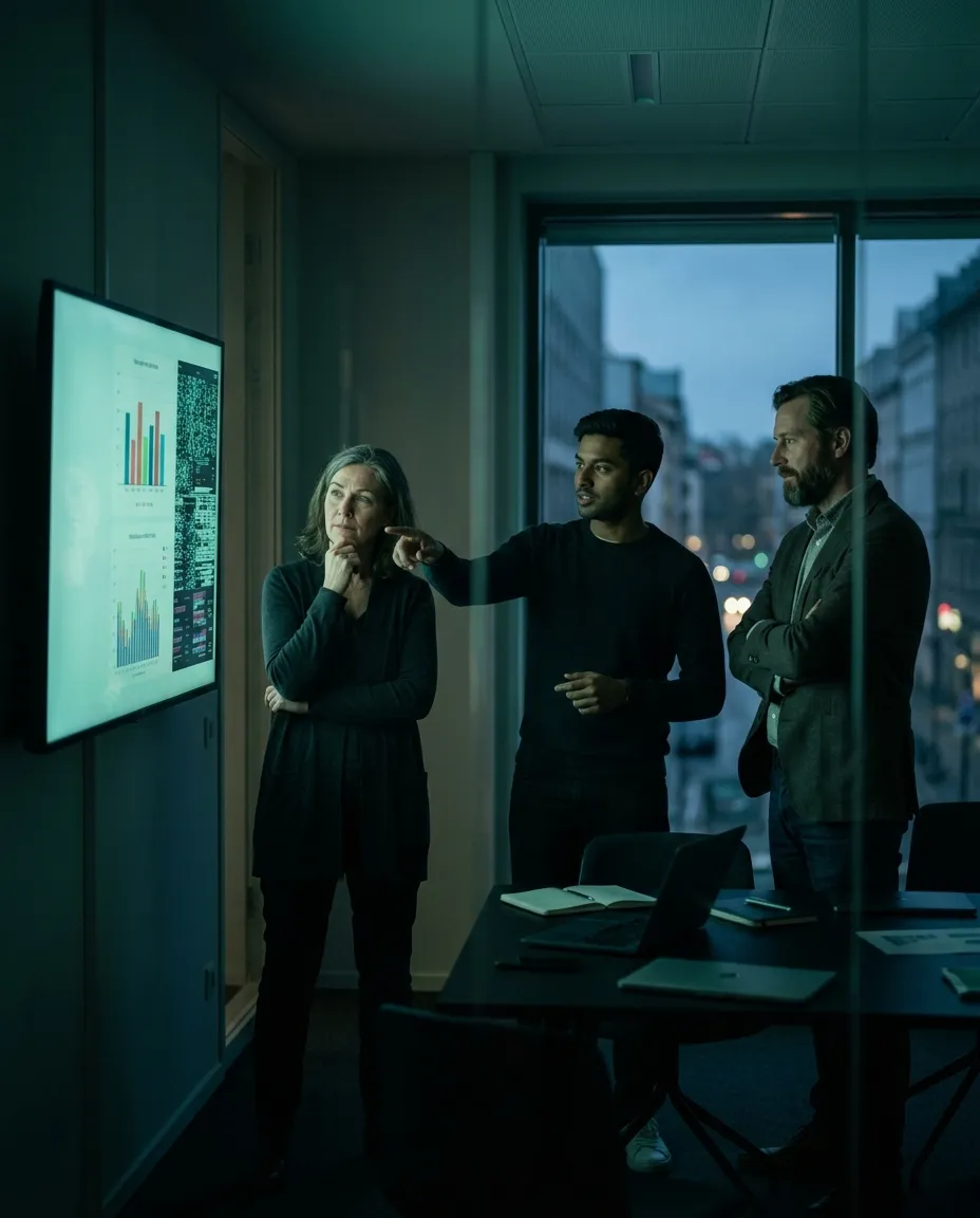 Three people in a darkened meeting room reviewing evaluation charts on a wall screen, one pointing at a result