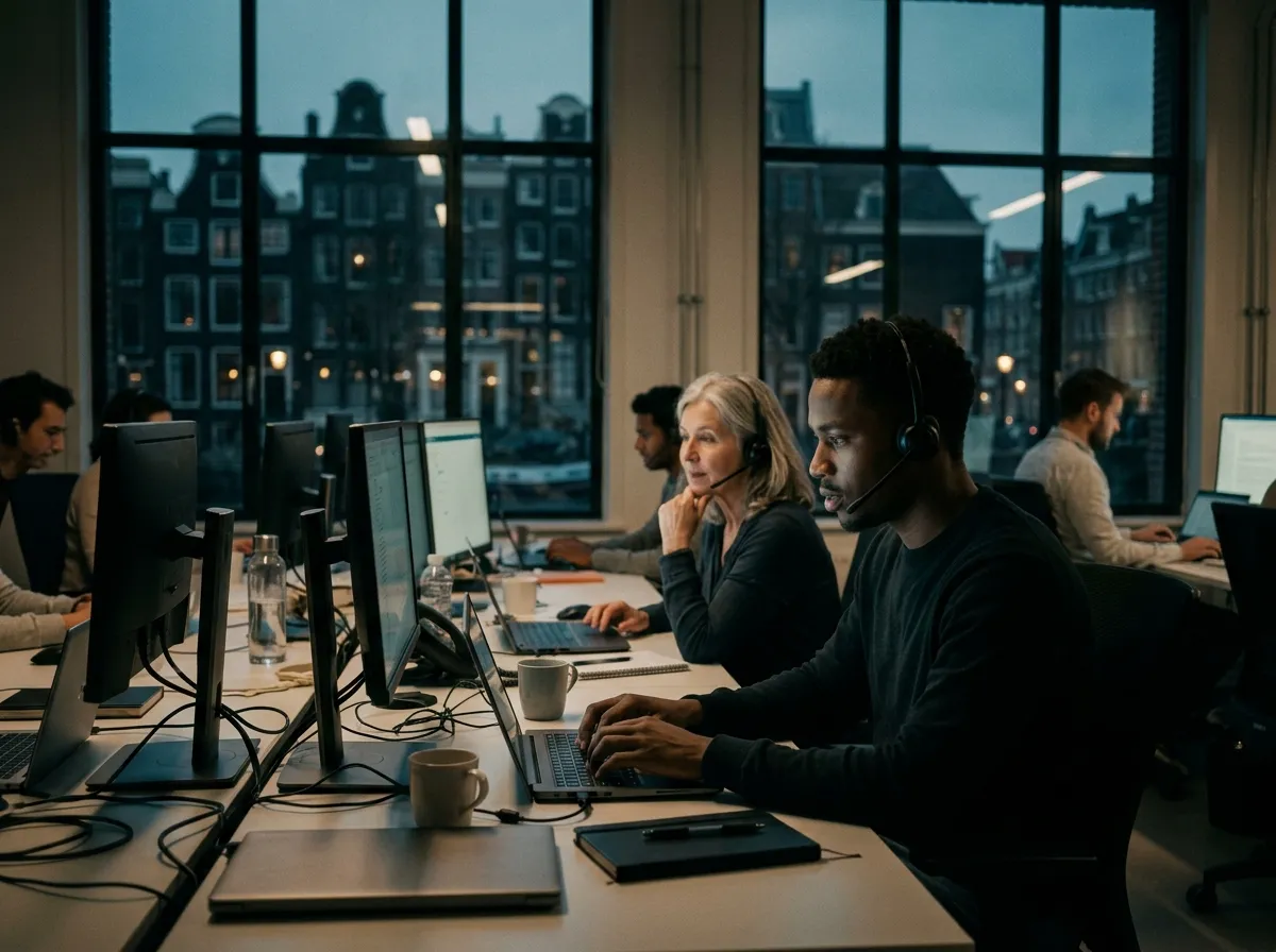 Customer support agents with headsets at a long shared desk in an office by a canal at dusk, one typing a reply while a colleague listens to a caller