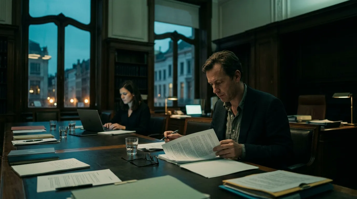 A lawyer reviewing a printed agreement with a pen at a long boardroom table in the evening, a colleague reading a laptop opposite