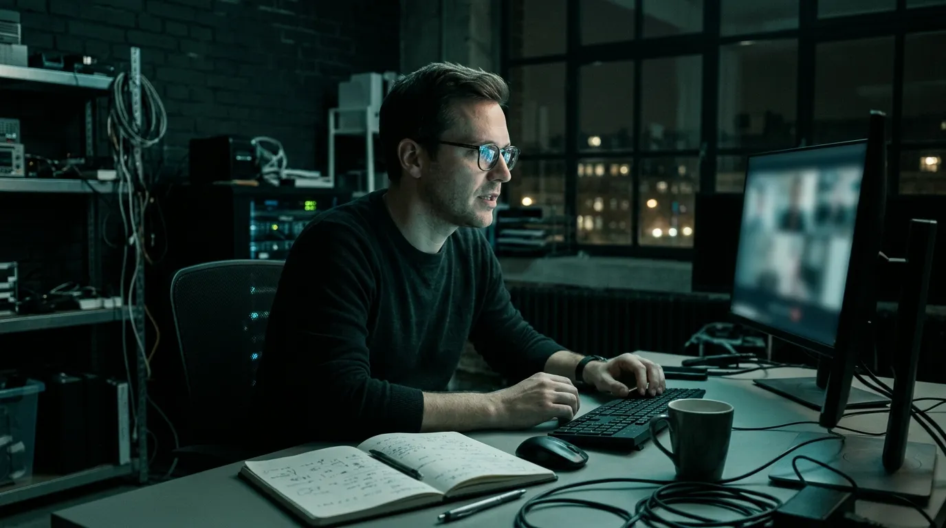 A man with glasses on a video call at his desk at night, a notebook of handwritten notes in front of him